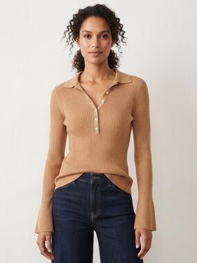 Loft Ribbed Polo Sweater Perfect Camel Tan Neutral Fall Henley Bell Sleeve Small